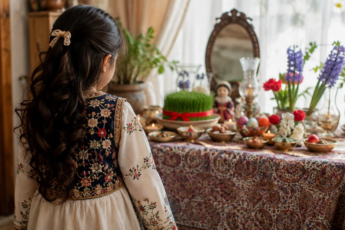 Child wearing traditional Persian clothing for a Nowruz family celebration