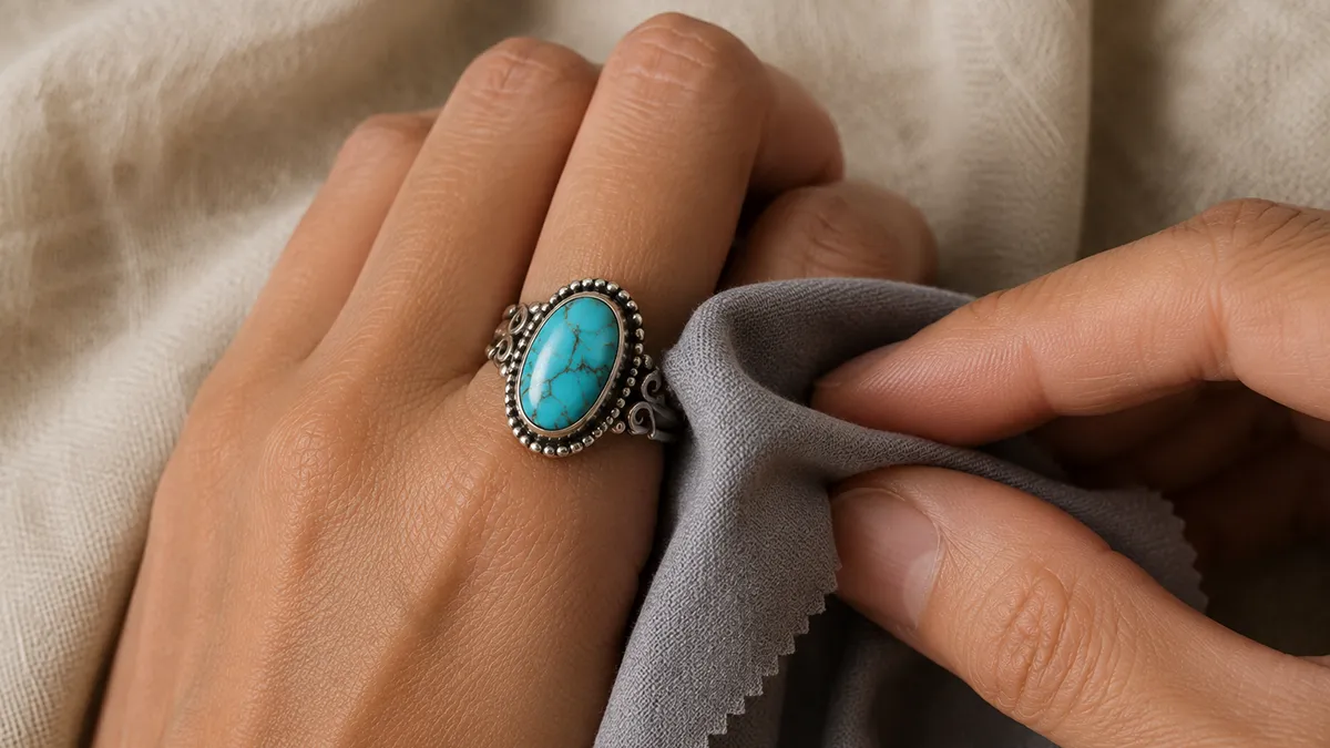 Hand cleaning a Persian turquoise ring with a soft cloth