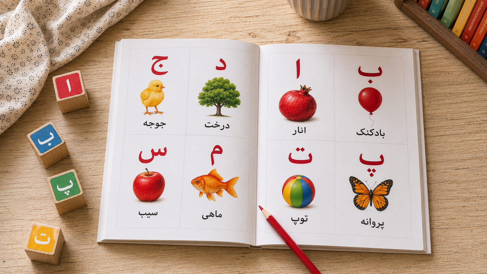 A Farsi alphabet book for children open on a table with wooden alphabet blocks