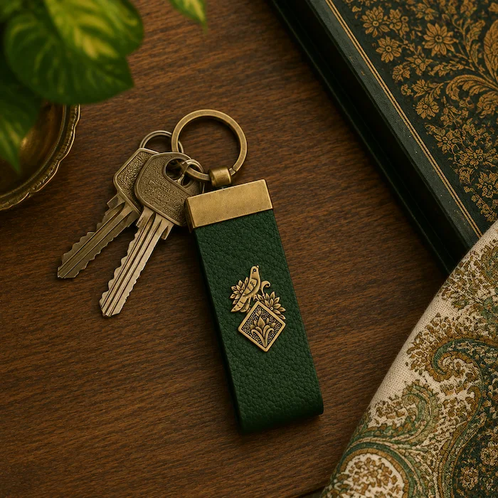 Golestan Hand Engraved Brass Persian Keychain with Floral Bird Design
