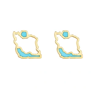 Iran Map Gold Earrings with Blue Minakari Enamel