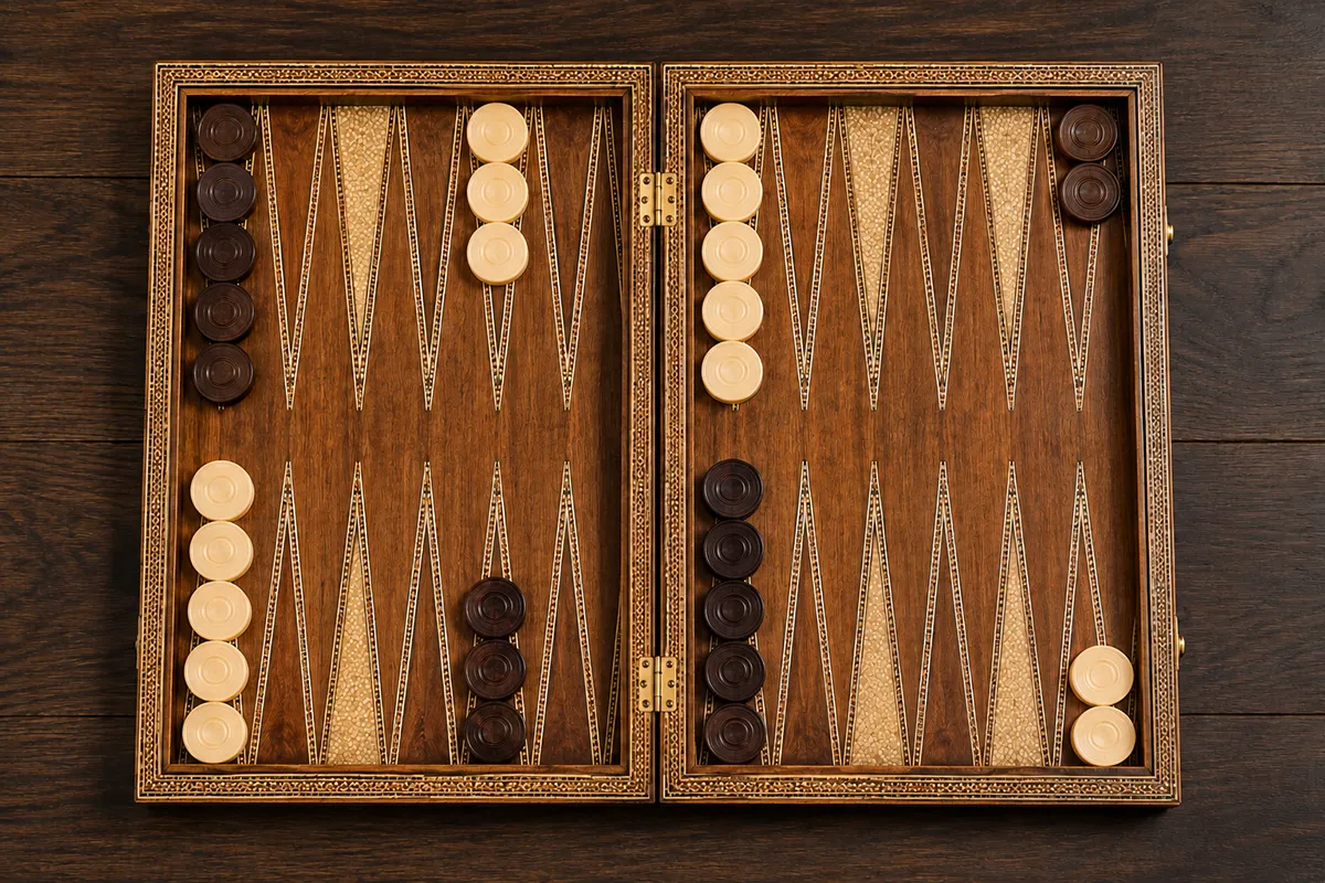 Overhead view of a backgammon board with all thirty checkers in the standard starting position