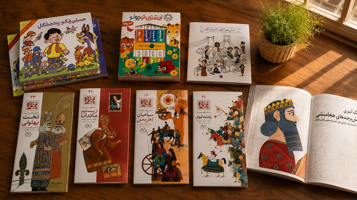A curated flat lay of the best Persian storybooks for kids on a wooden table