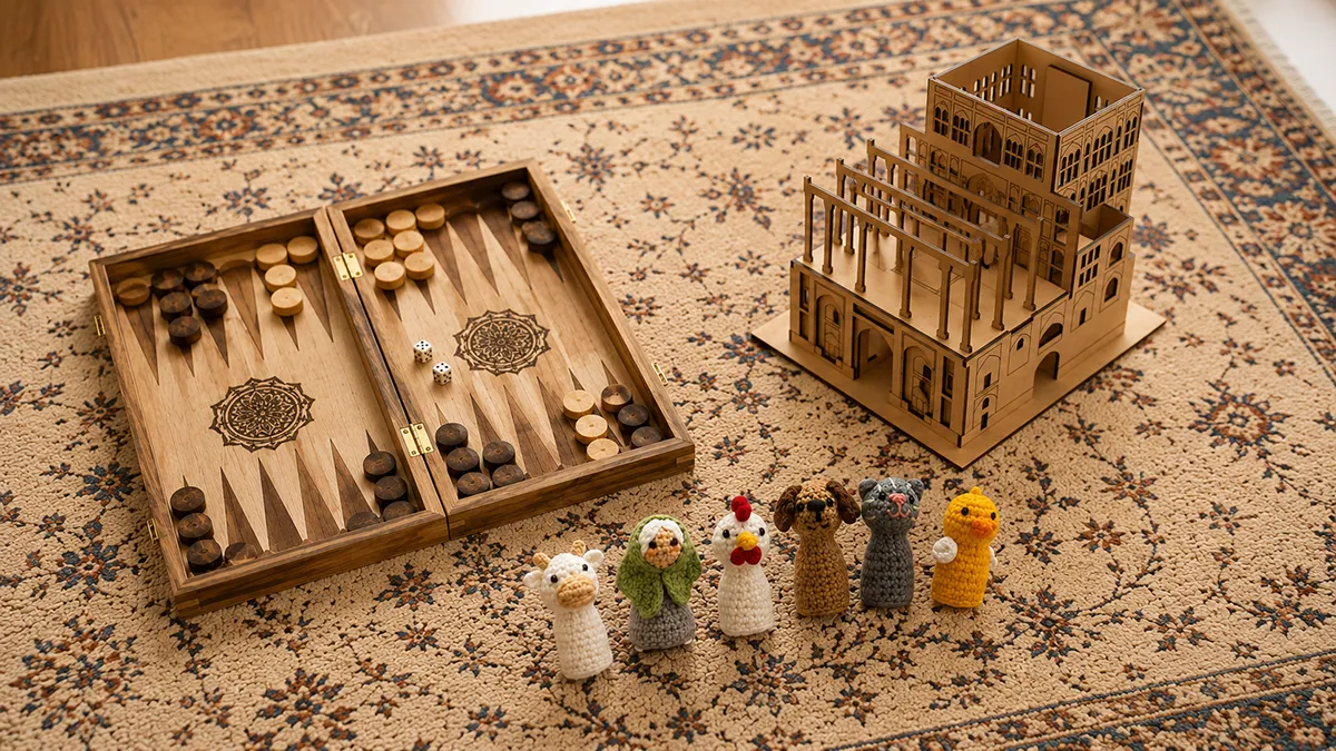 A collection of Persian themed toys for toddlers arranged on a rug