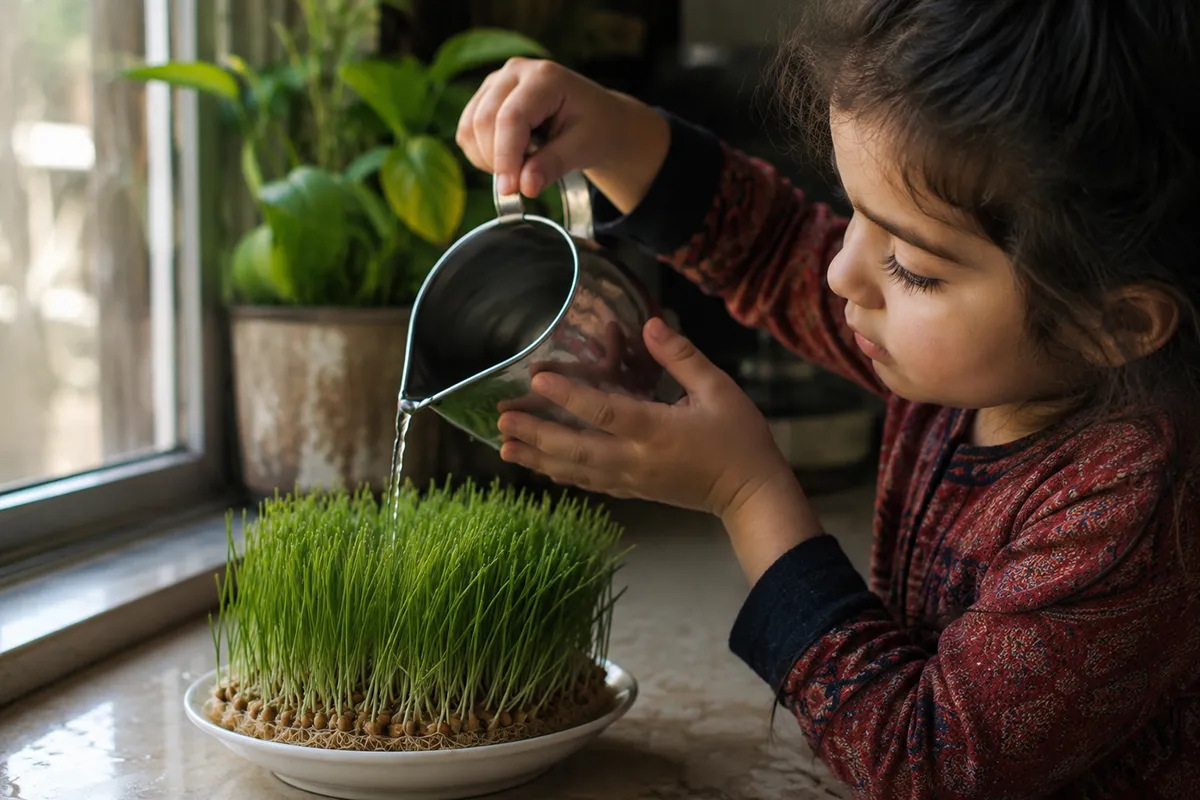 A young child helping to grow sabzeh sprouts for Nowruz