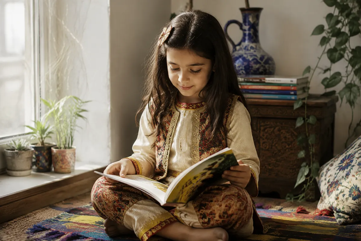 A child in traditional Persian clothing reading a storybook