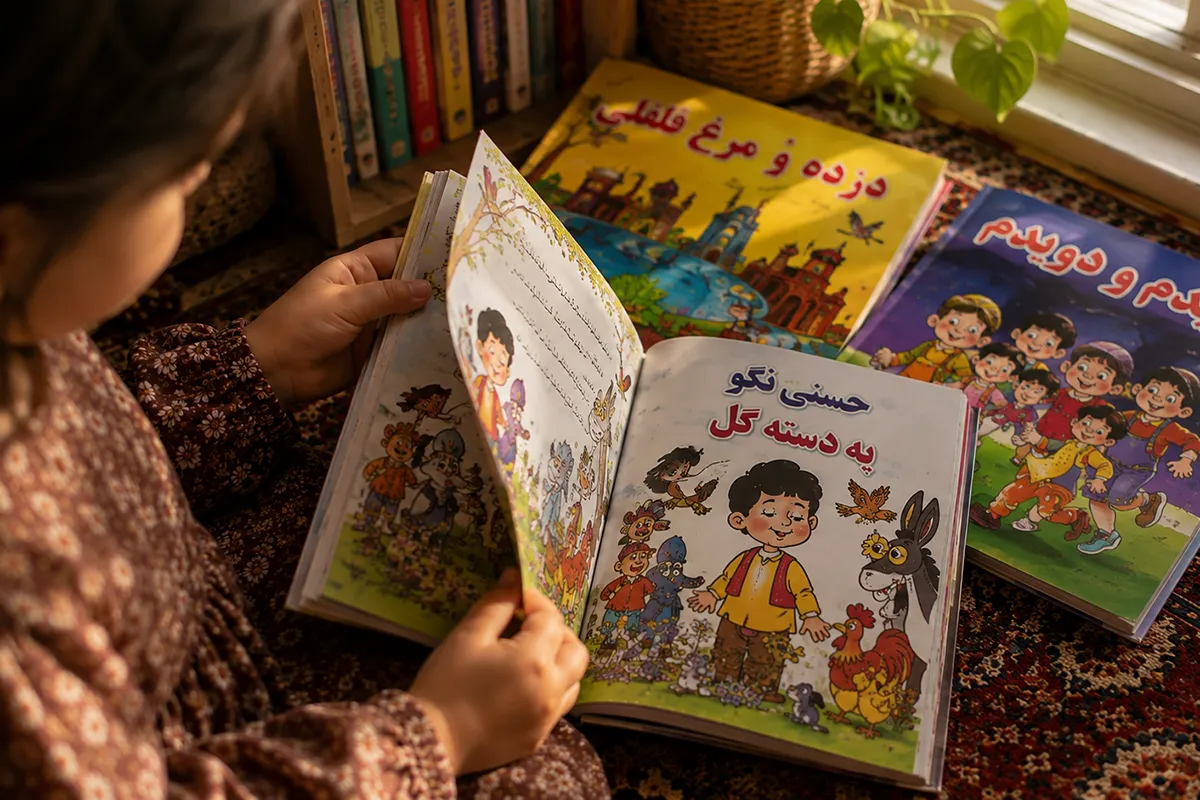 A young child looking at the illustrated pages of a bilingual Farsi-English storybook
