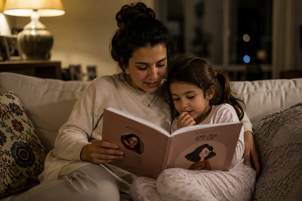 A parent reading a Persian storybook with their child