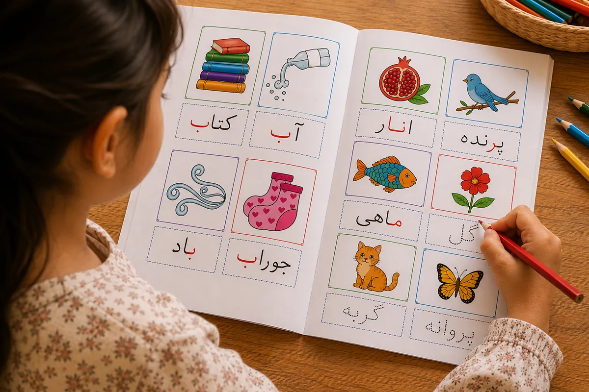 A child tracing Farsi letters in an alphabet book with a pencil
