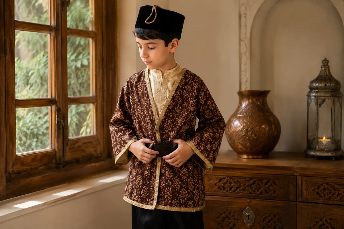 A child wearing an embroidered traditional Persian tunic