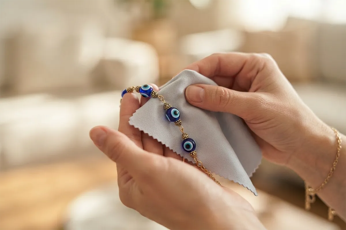 Cleaning an evil eye bracelet with a soft cloth