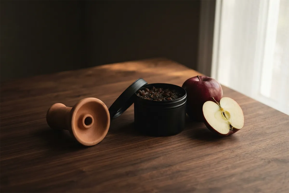 An open tin of double apple shisha tobacco on dark walnut beside a crimson apple and an unglazed clay bowl