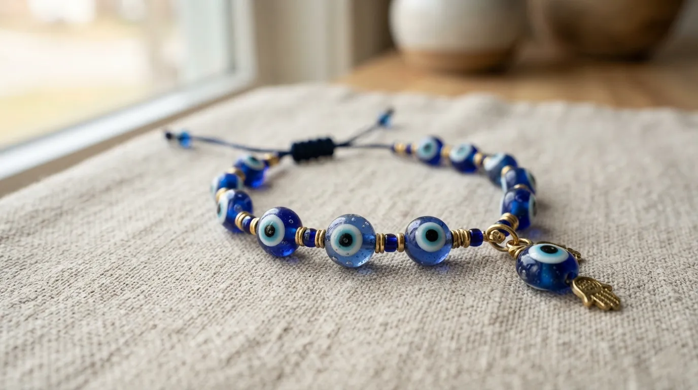 A blue and white evil eye bracelet symbolising protection
