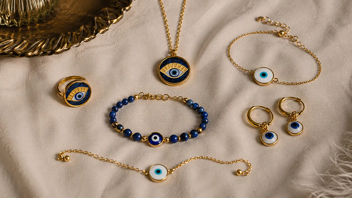 A collection of evil eye jewellery pieces for a buying guide