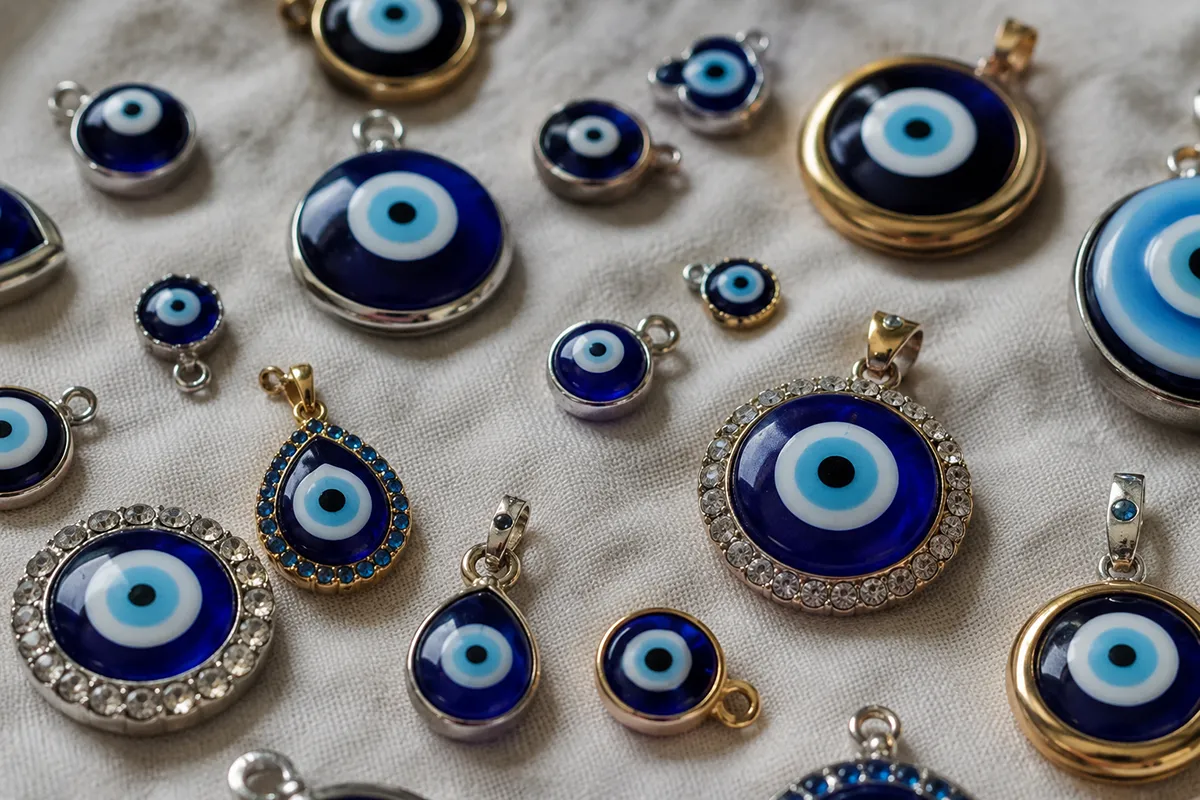 A flat lay collection of evil eye jewellery pieces
