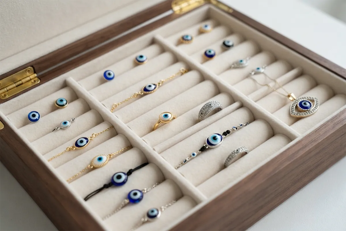 Evil eye jewellery stored properly in a lined box