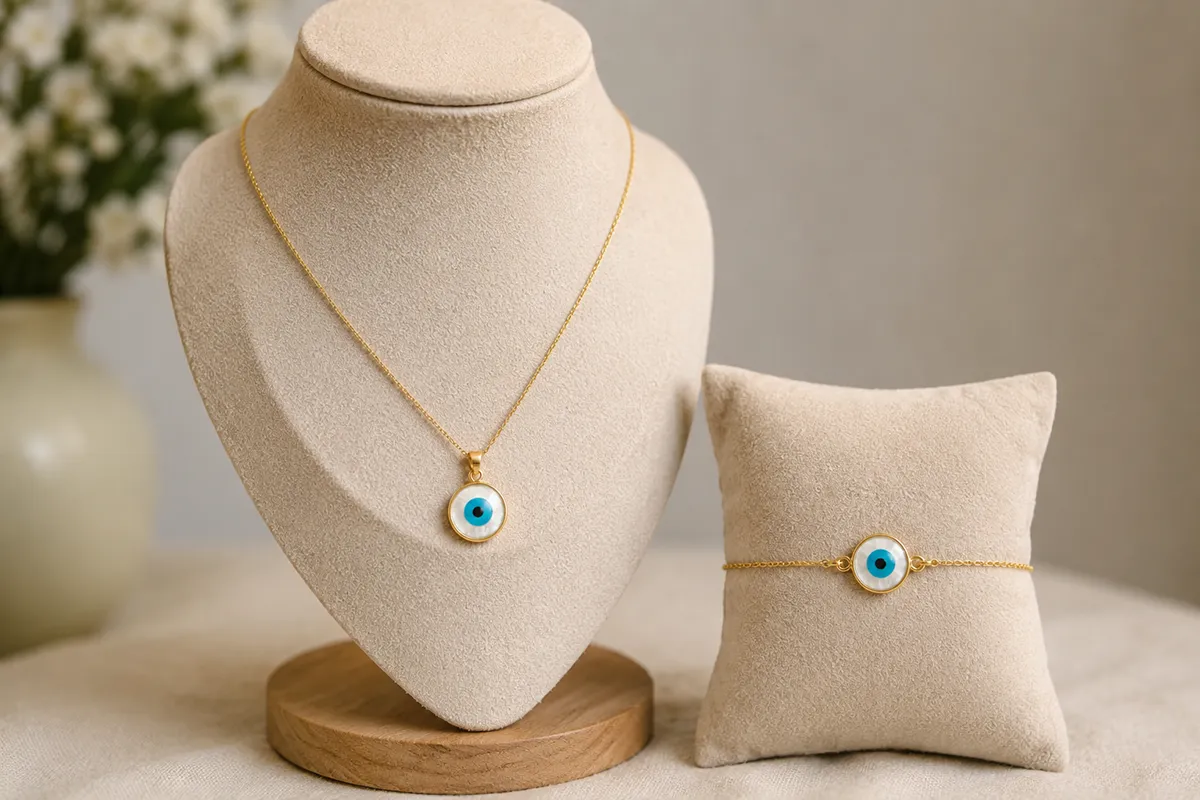 A matching evil eye necklace and bracelet set