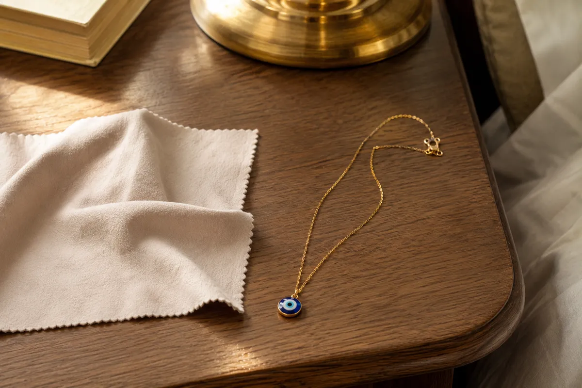 An evil eye necklace styled with an everyday outfit
