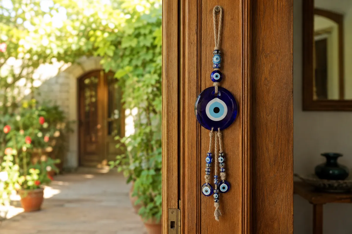 An evil eye ornament hung near a home entrance