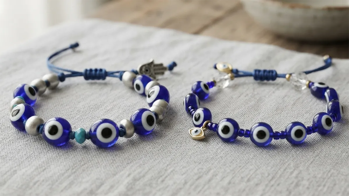 An evil eye bracelet and a nazar bracelet compared side by side