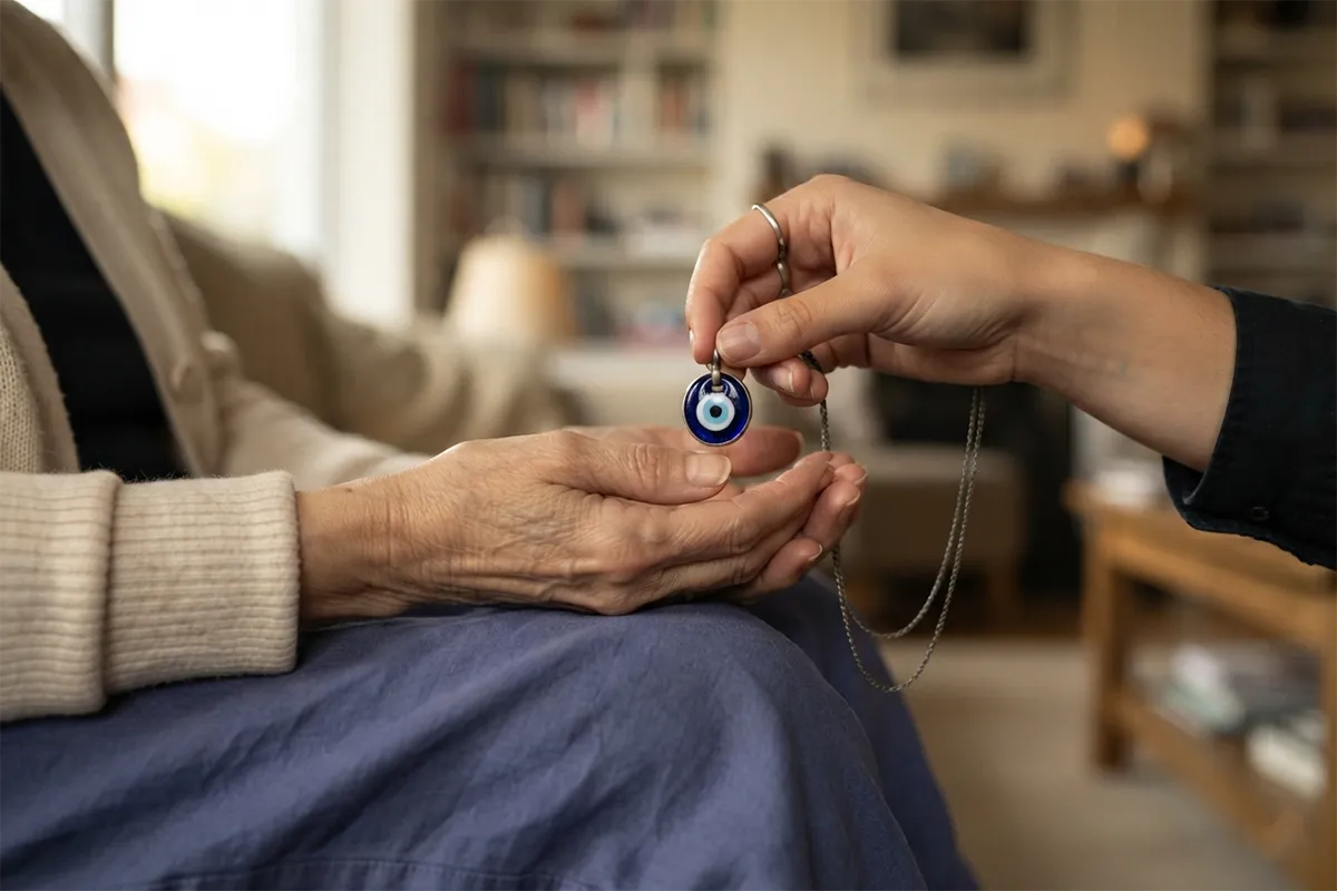 An evil eye pendant passed between generations of a family