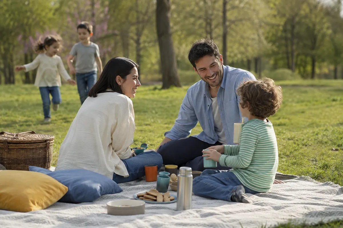 A family outdoor picnic for Sizdeh Bedar with young children playing