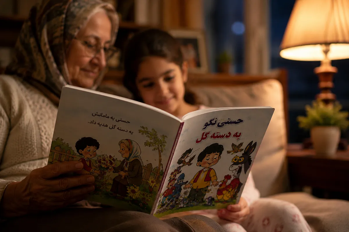 A grandparent reading a Persian folk tale storybook aloud to a young child