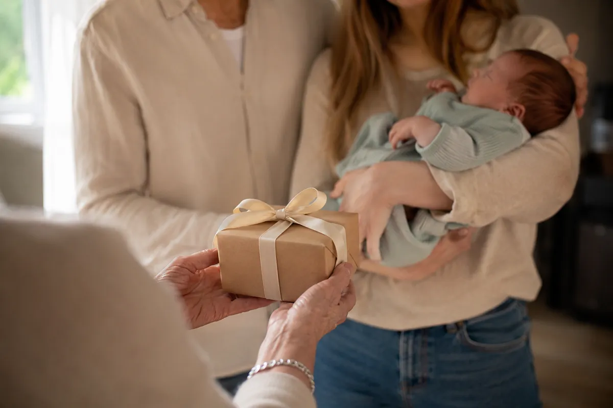Grandparents presenting a baby name necklace gift to new parents