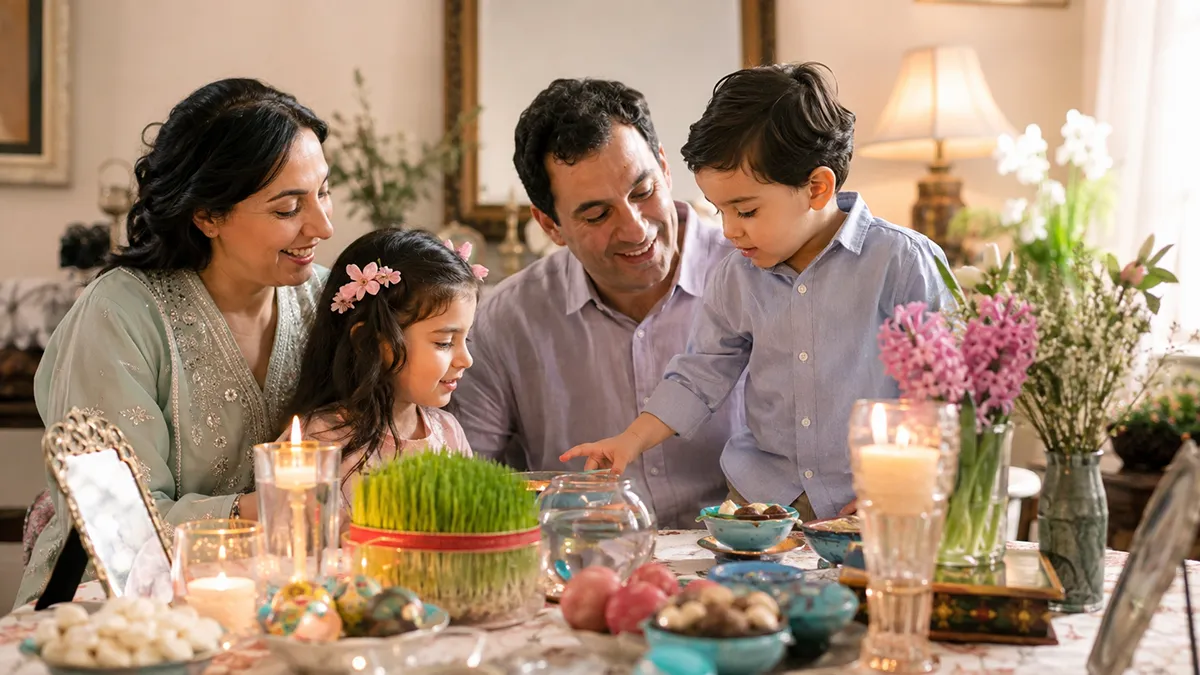A family introducing Nowruz traditions to young children around a haftsin table