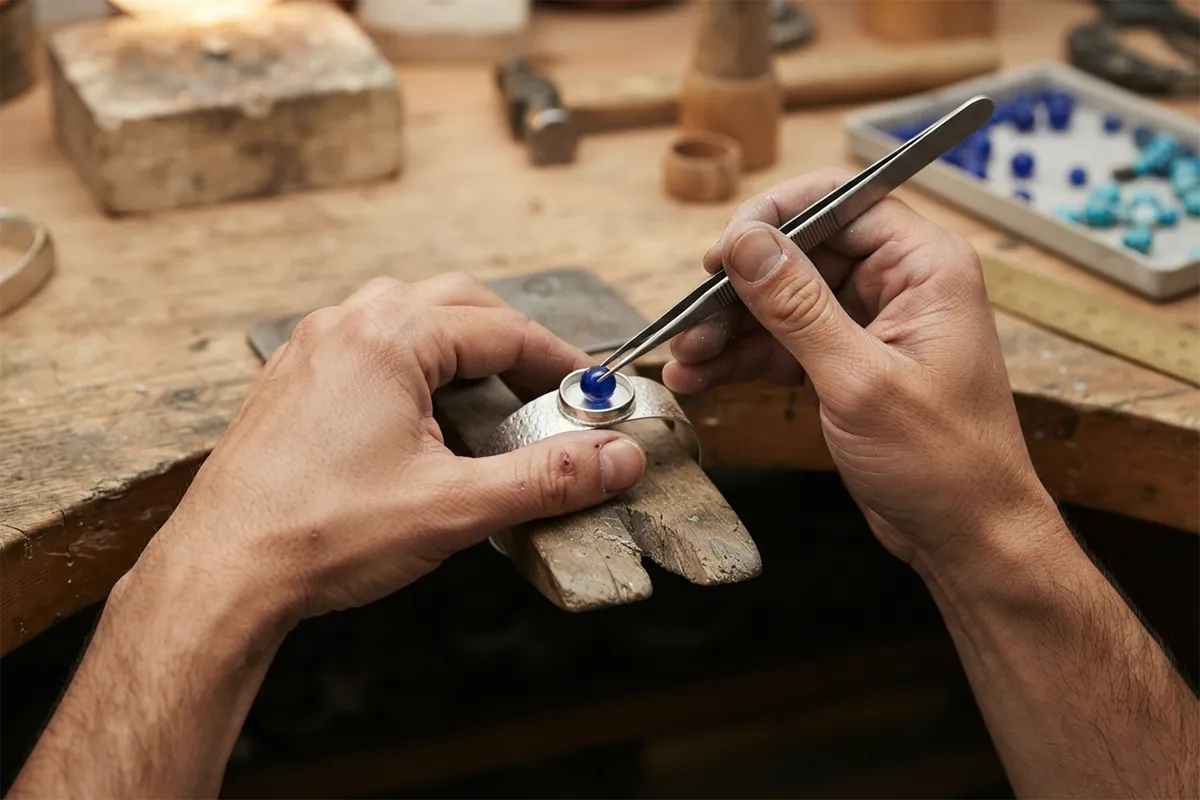 A jeweller crafting a traditional nazar bracelet