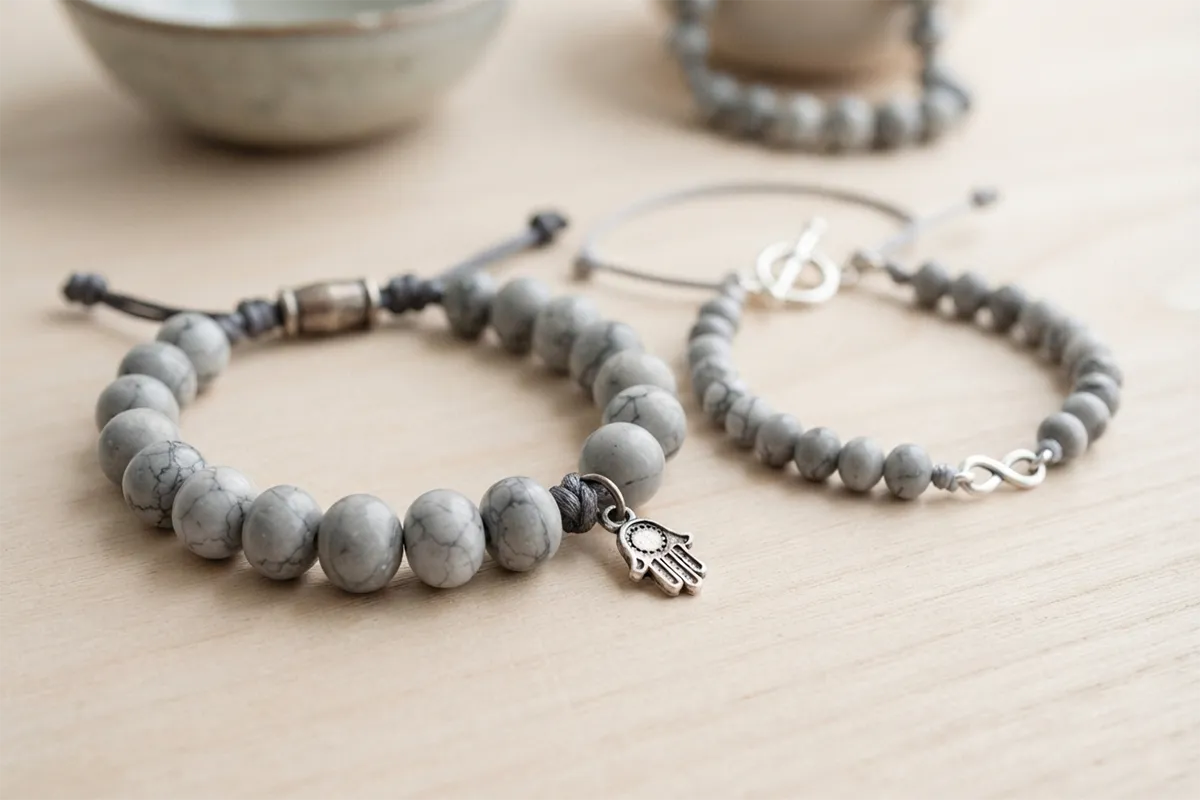 A nazar bracelet and an evil eye bracelet shown side by side