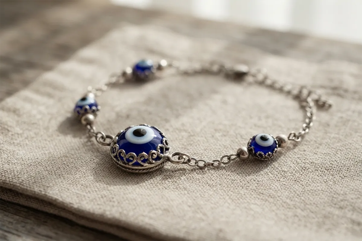 Close up detail of a nazar bracelet in the Persian jewellery style