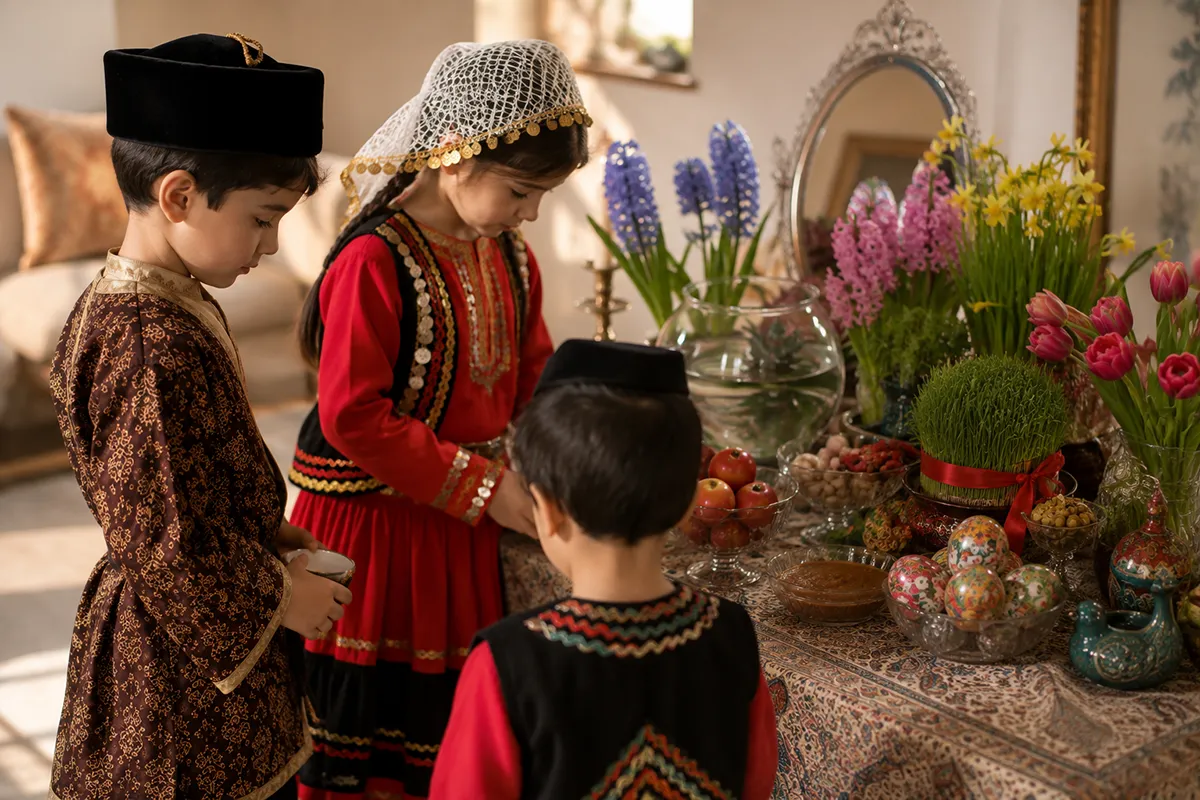 Children wearing traditional Persian clothing at a Nowruz family celebration