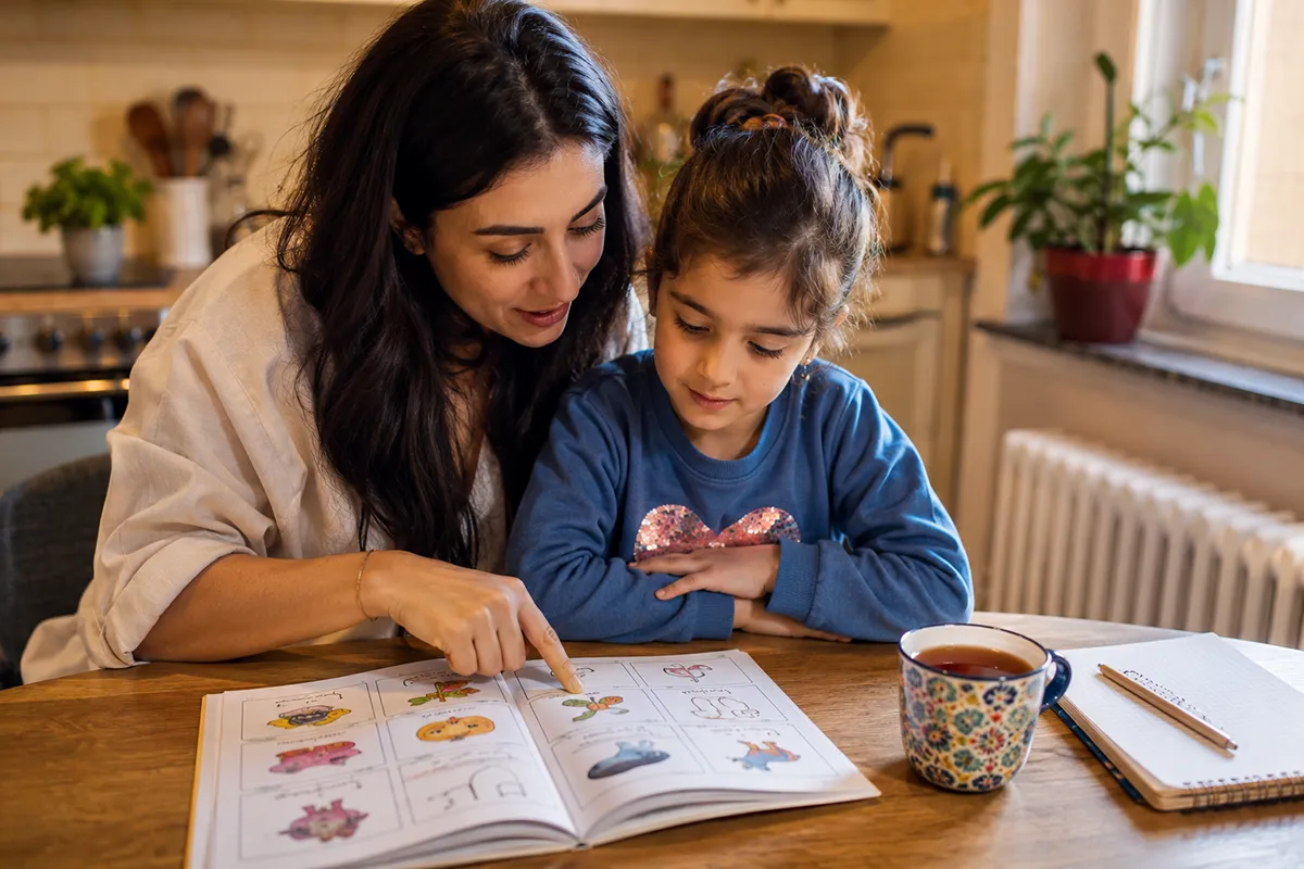 A parent and child learning the Farsi alphabet together at a table
