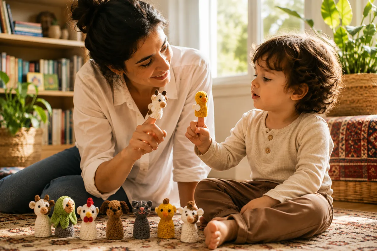 A parent and toddler playing together with a Persian folk tale toy