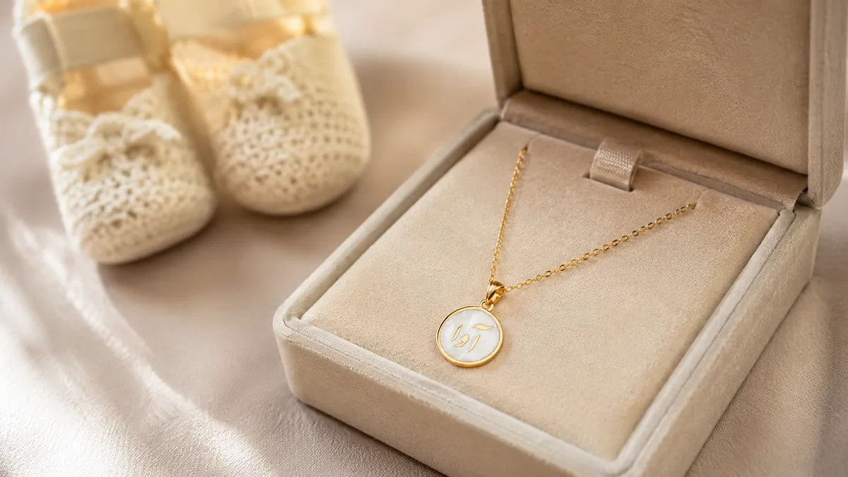 A Persian name necklace in a gift box for a new baby
