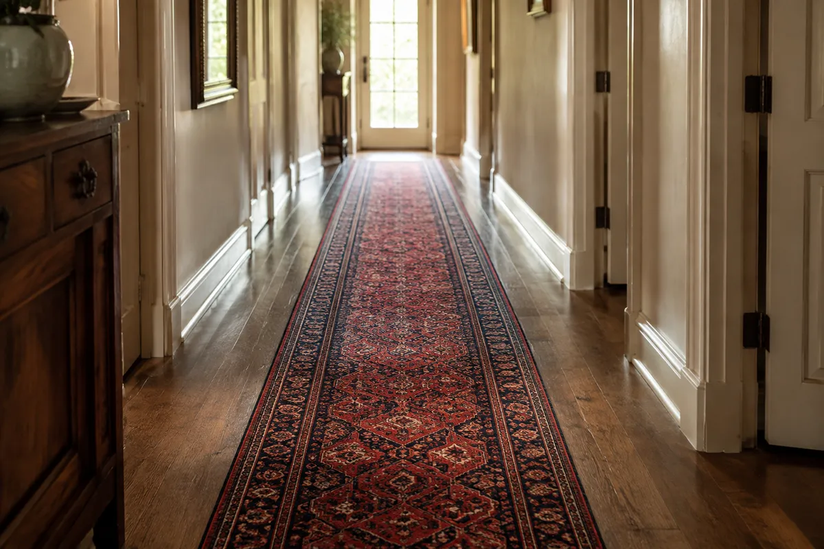 A long Persian kenareh runner laid along a narrow hallway with even floor margins on both sides