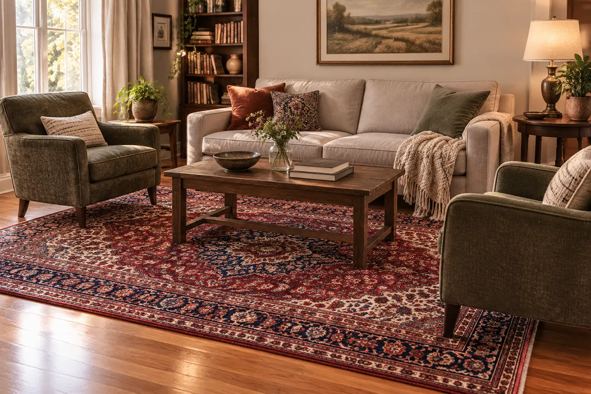 A medallion Persian carpet with the sofa front legs resting on the rug pile