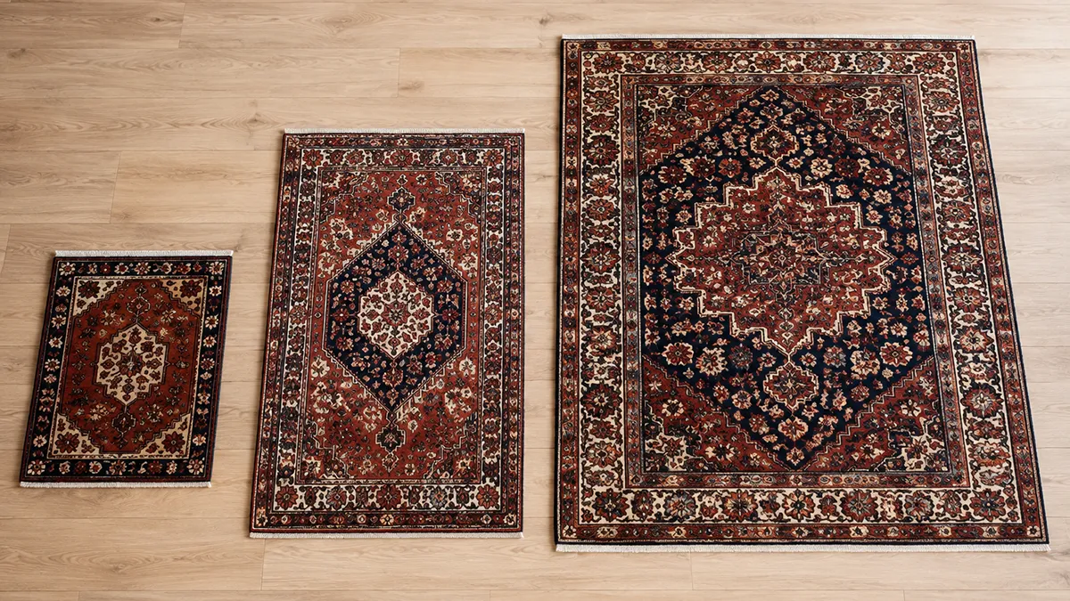 Three Persian rugs in poshti, zaronim and dozar sizes laid side by side on a wooden floor