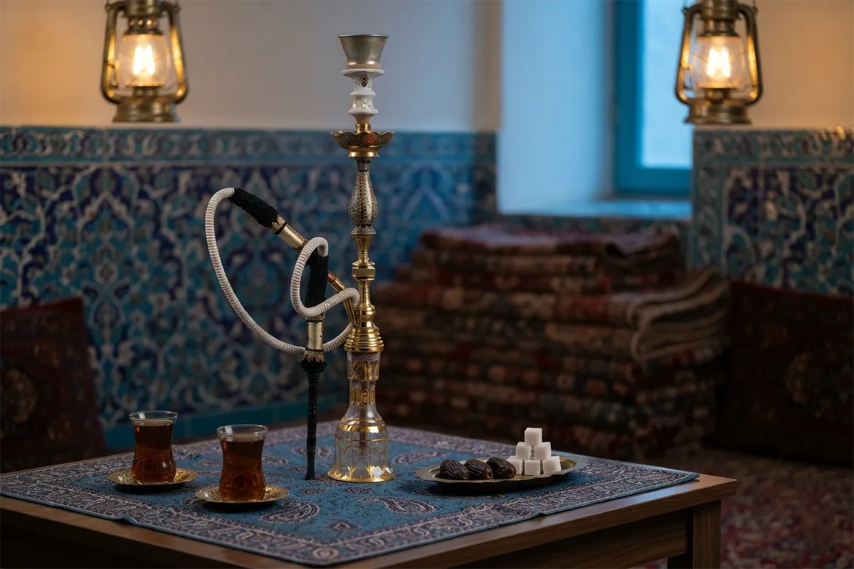 A walnut tea house table dressed with termeh, a brass hookah, two glasses of tea and a dish of dates