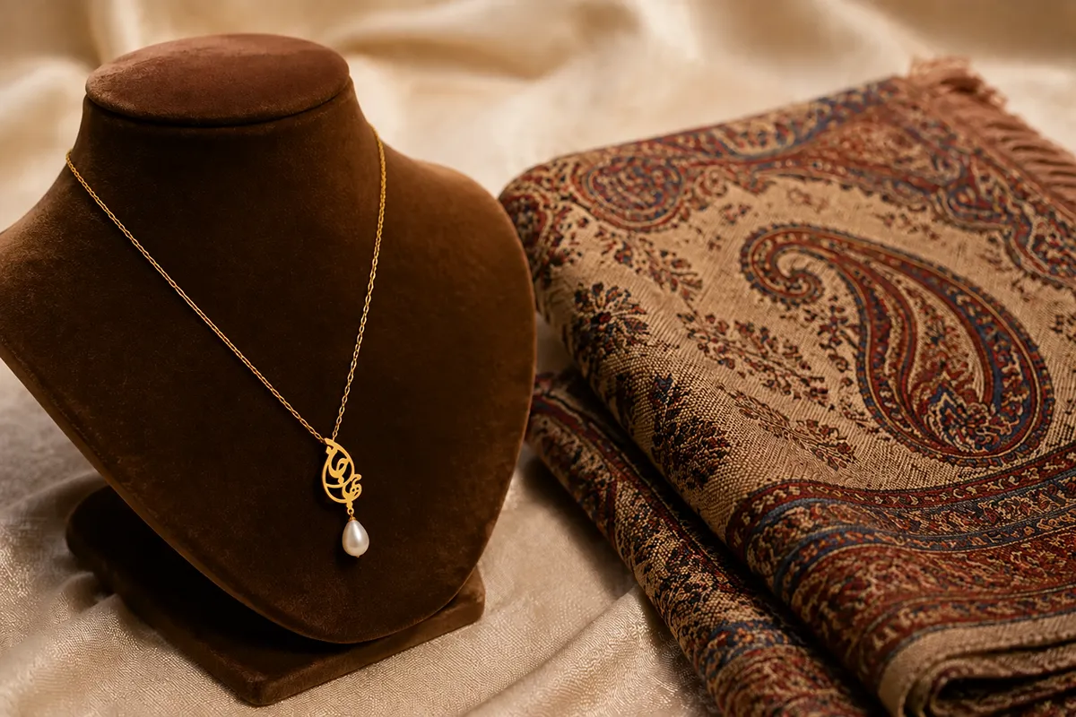 Persian jewellery and a termeh textile presented as wedding gifts for a bride