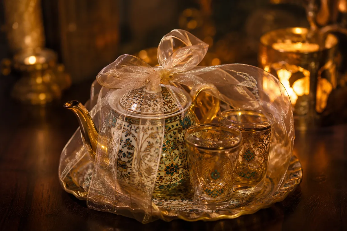 A Persian tea set and tableware wrapped as a joint wedding gift for a couple