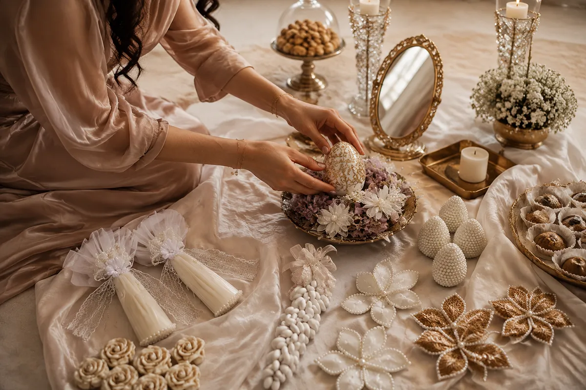 A family arranging items on a sofreh aghd spread before a Persian wedding ceremony