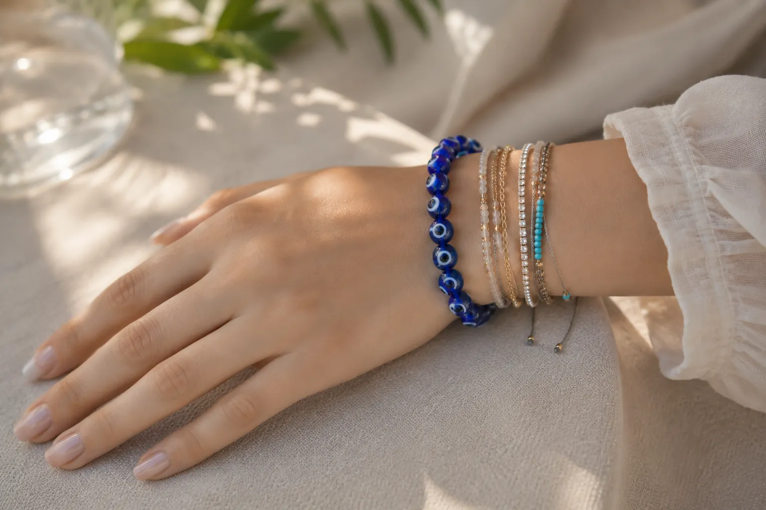 Close up of a blue and white evil eye bracelet