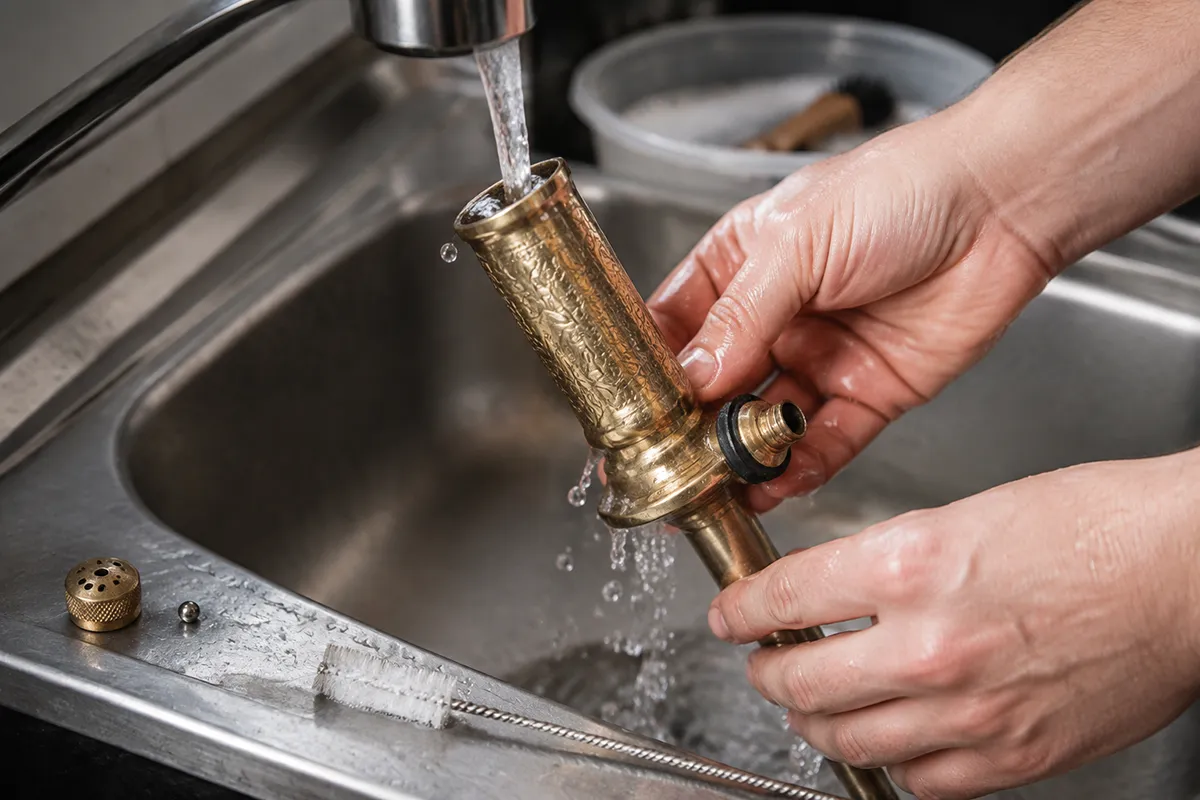 A hookah stem being rinsed with warm water and a cleaning brush