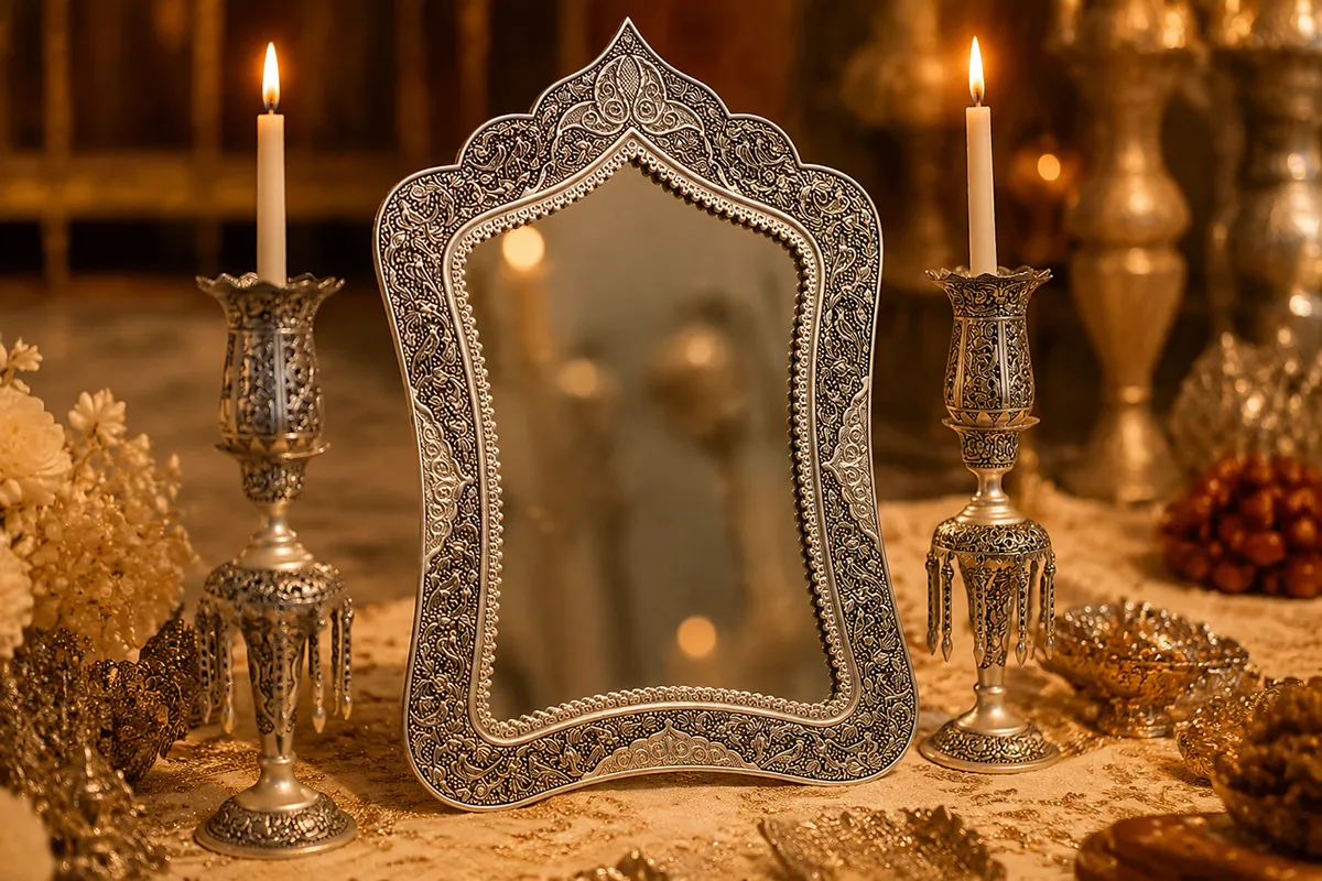 Close-up of a mirror and candlesticks arranged on a Persian wedding sofreh aghd