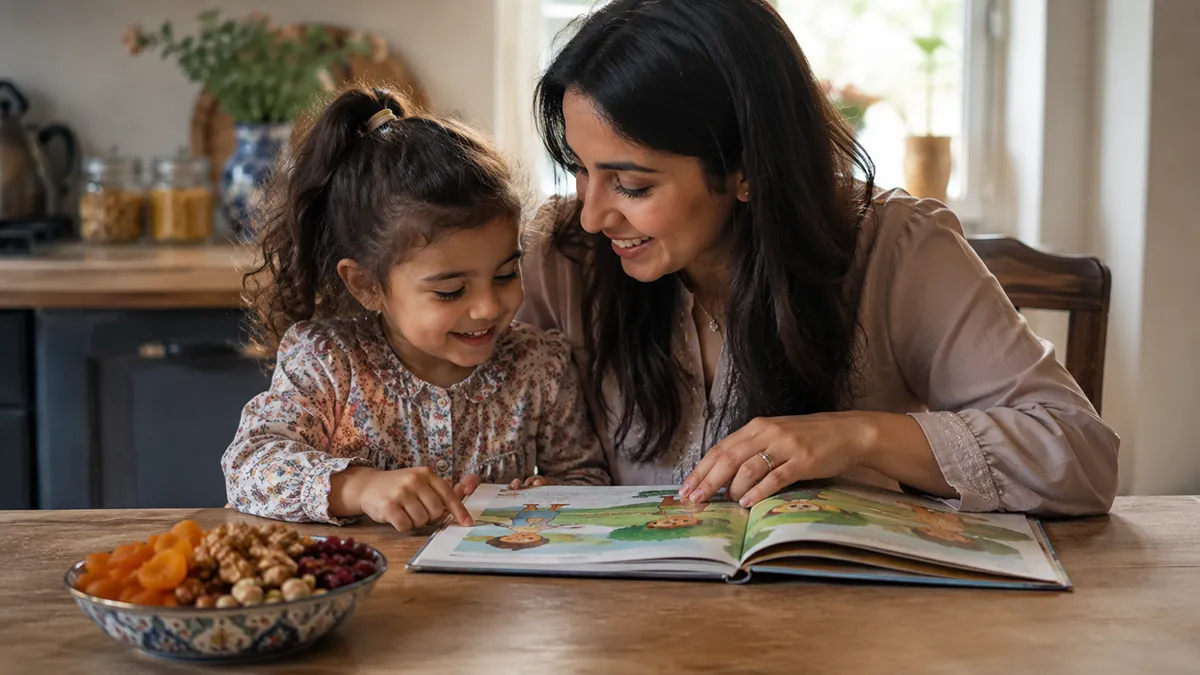 A parent and child sharing a moment of Persian culture at home
