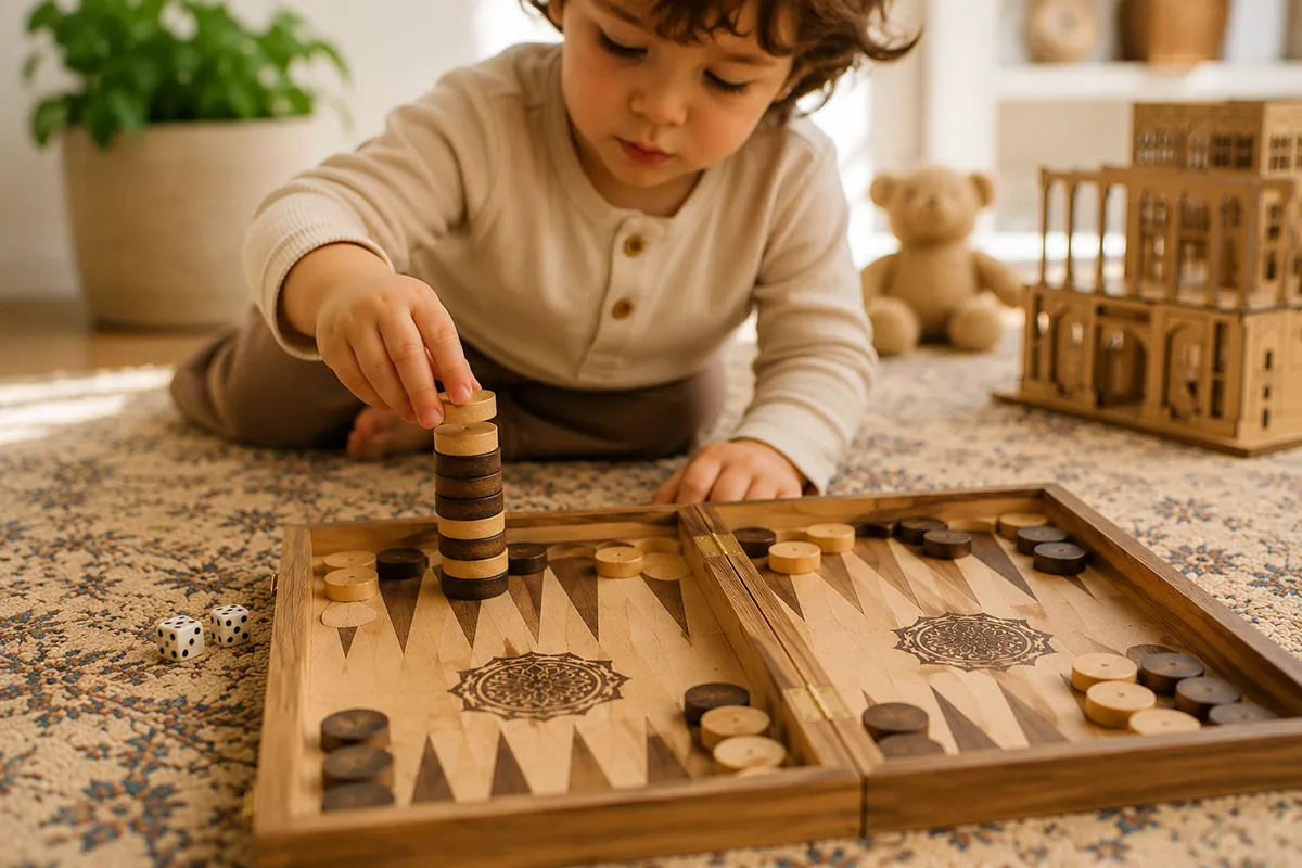 A toddler playing with a mini wooden Persian backgammon set
