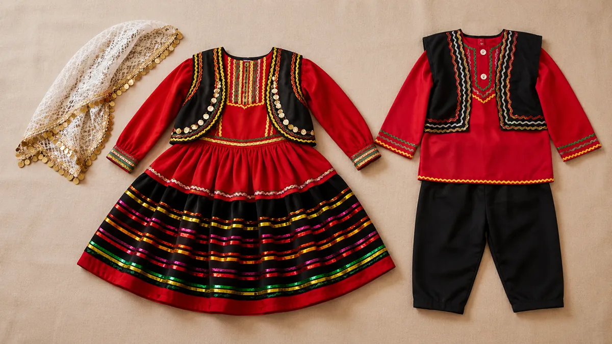 Traditional Persian clothing for children laid out for a buying guide