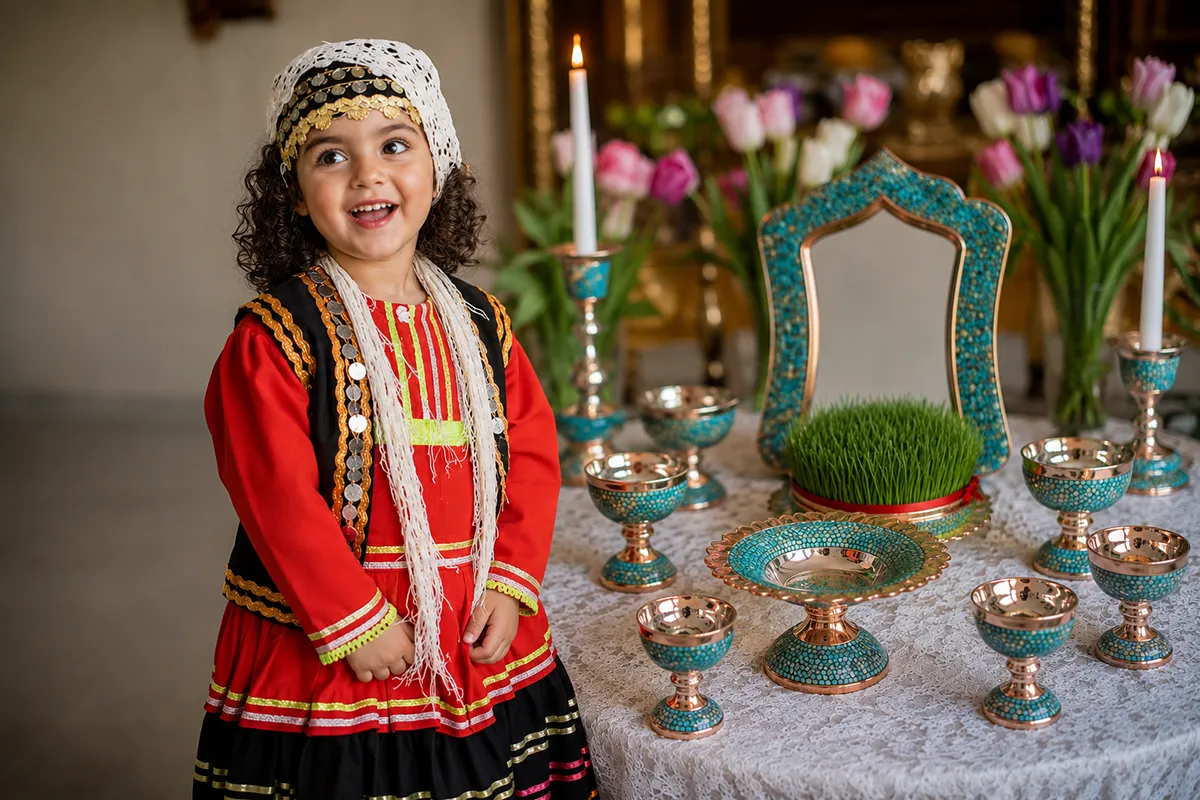 A young child wearing new clothes for a Nowruz celebration